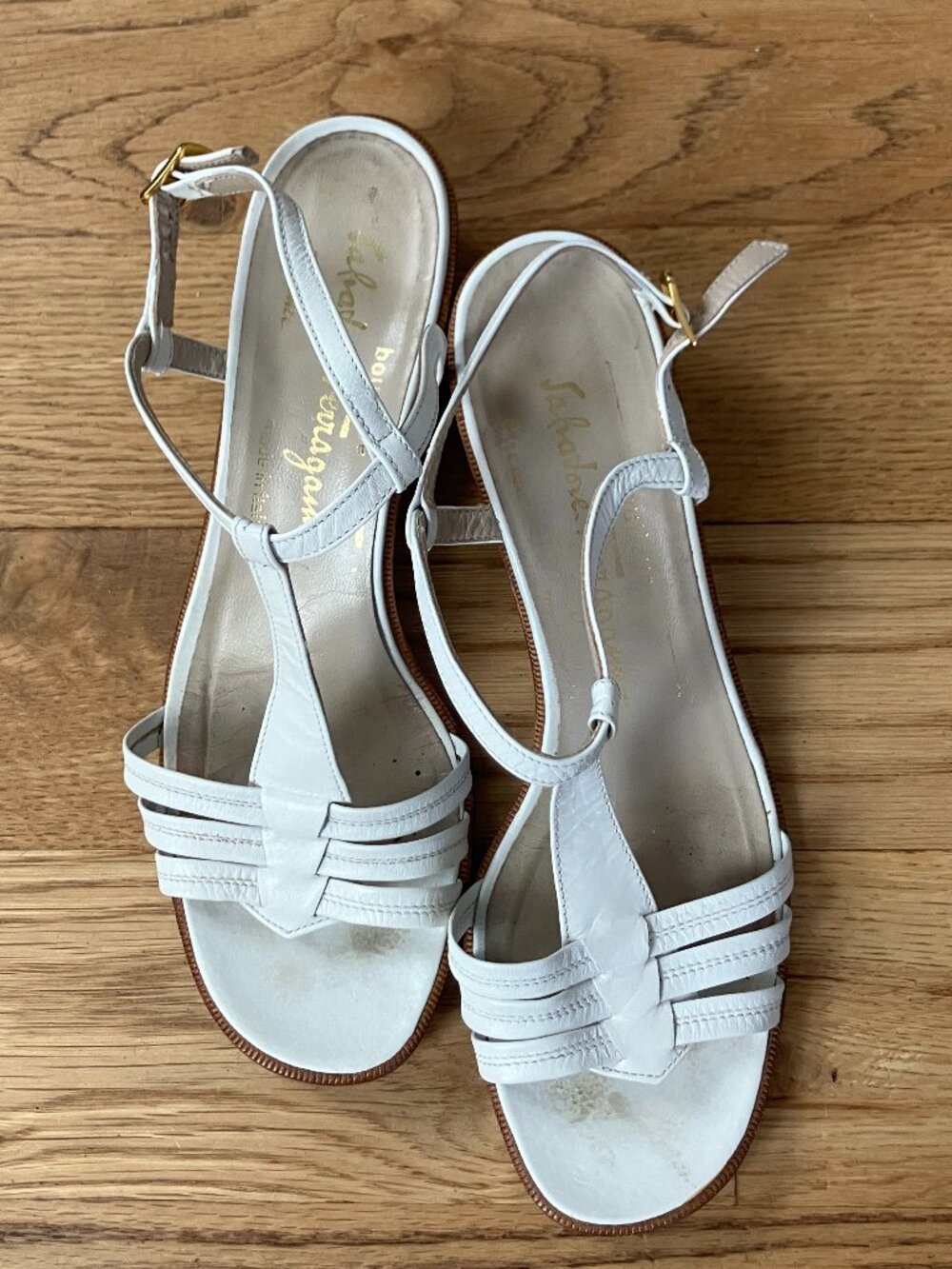 Vintage Salvatore Ferragamo White T-strap Sandals